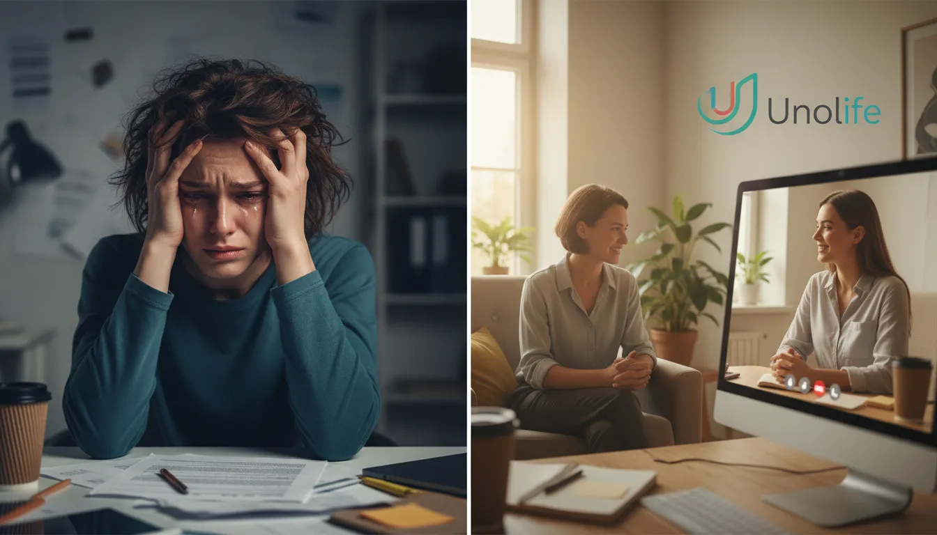 Imagem realista mostrando sofrimento versus apoio da terapia online no tratamento da depressão, transmitindo esperança.