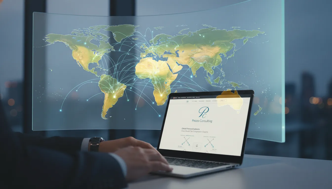 Mapa mundial com EUA e Brasil conectados, representando transações financeiras e a expertise da Prezzo Consulting em como declarar renda dos EUA no Brasil.