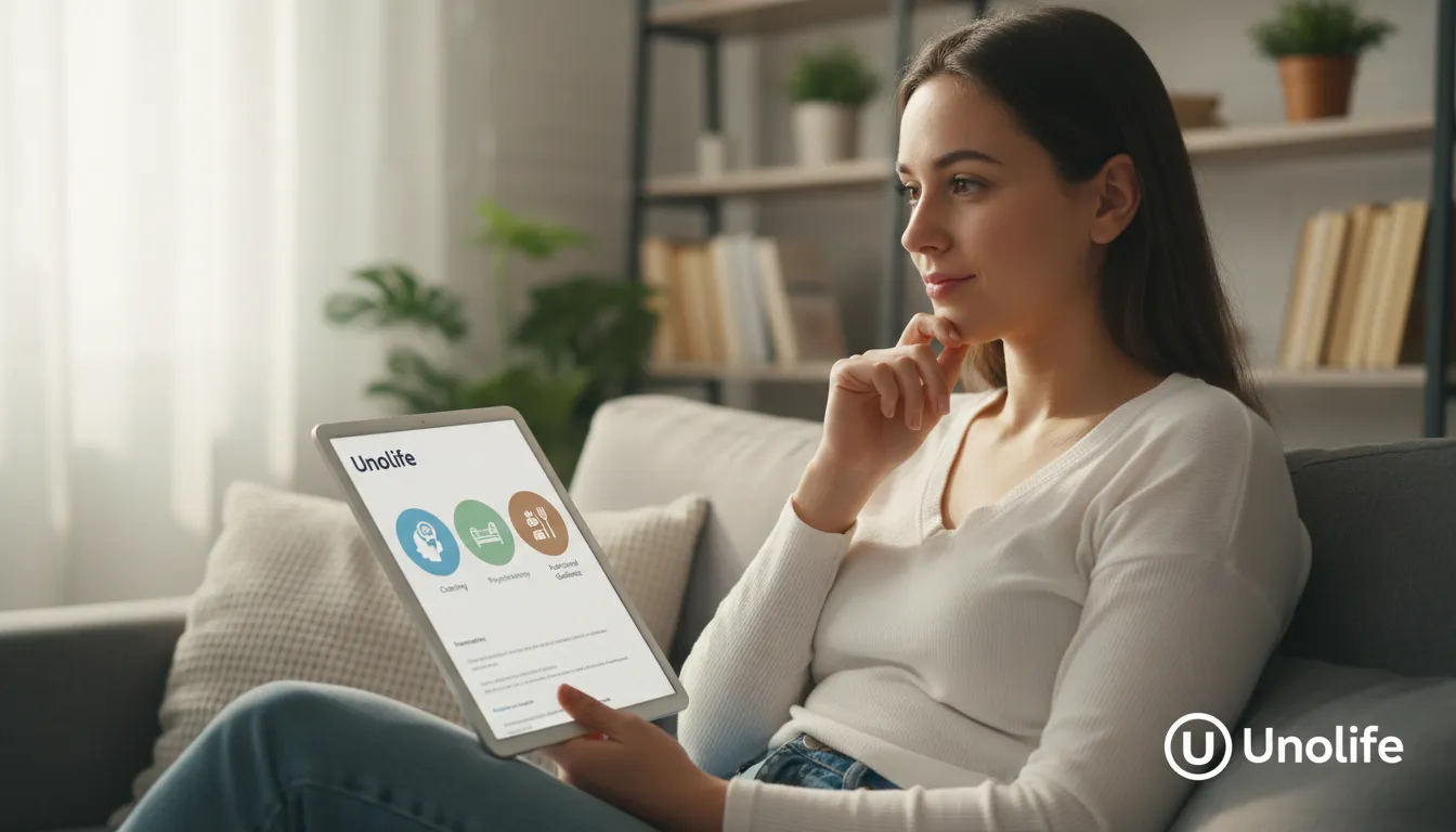 Uma pessoa escolhendo entre diferentes opções de terapias integrativas online em um tablet, com o logo da Unolife como marca d'água.