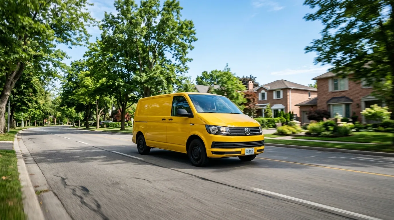 Veículo em movimento após aprovação do financiamento de van para transporte escolar em bairro residencial.
