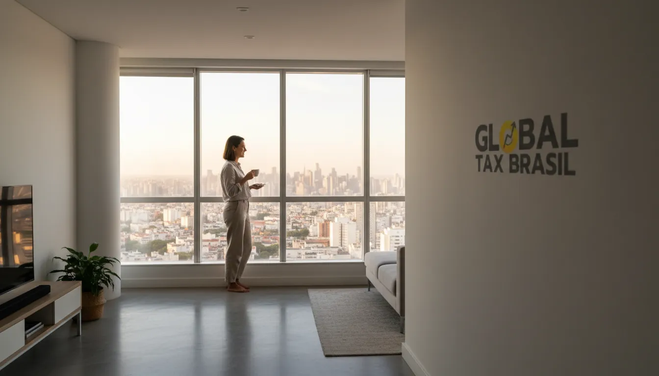 Pessoa relaxada após concluir a DIRPF saída definitiva, apreciando nova vista.