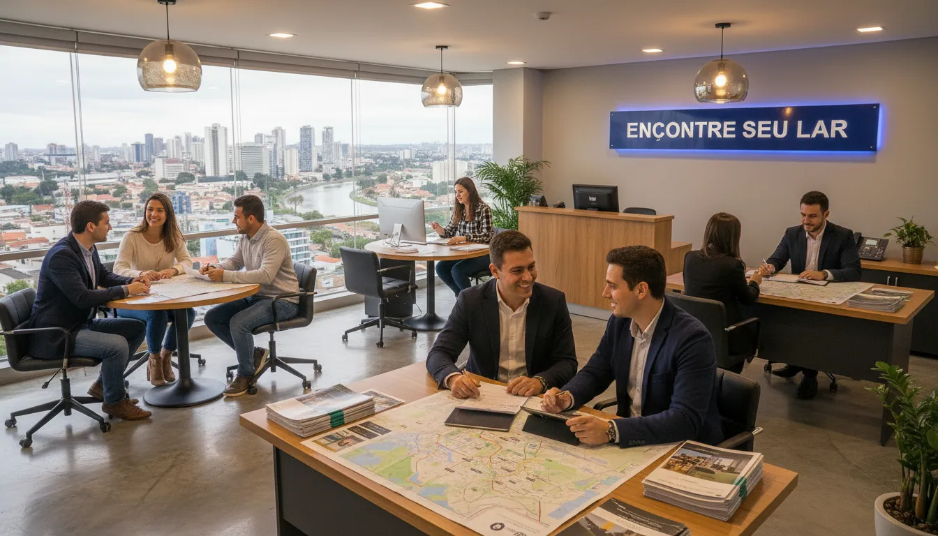 Ambiente imobiliário da Veneza em Londrina, agitado e profissional.