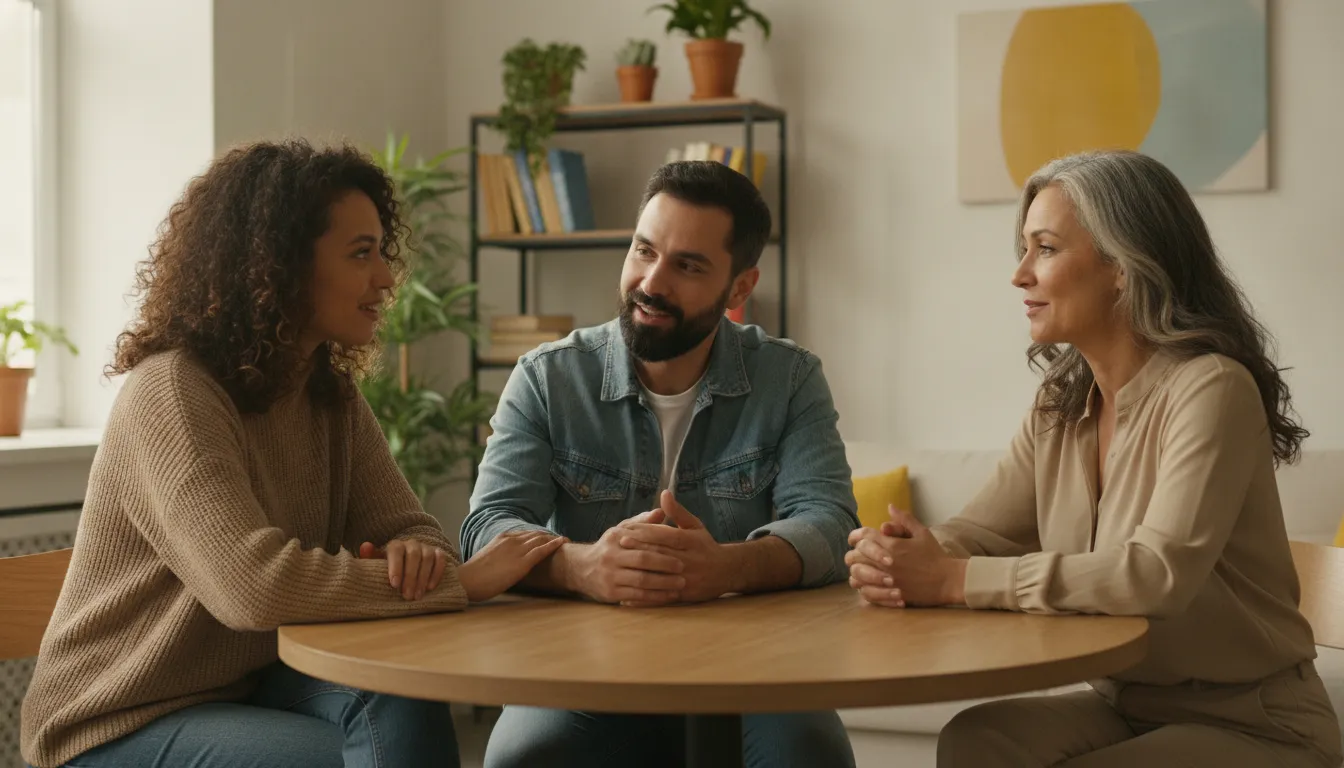 Grupo diverso em conversa empática, simbolizando apoio social contra autocrítica e isolamento.