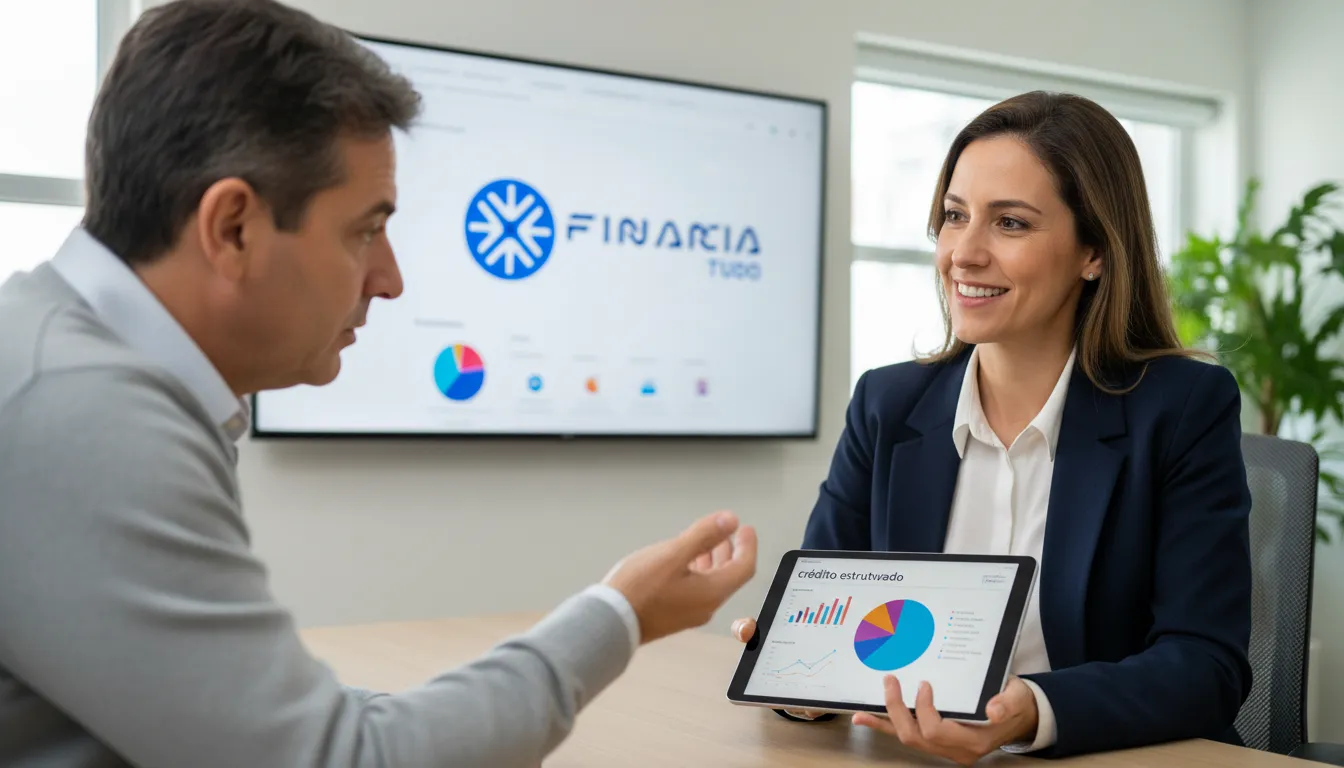 Especialista da Financia Tudo oferece consultoria personalizada para um cliente, apresentando soluções de crédito estruturado sob medida.