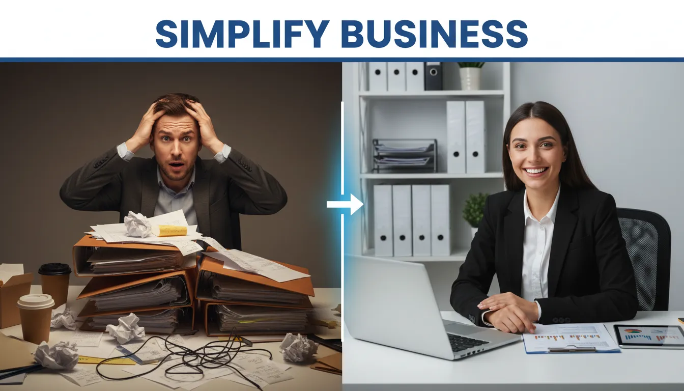 Imagem dividida mostrando o antes e depois de usar serviços de consultoria contábil para abertura de empresa em Delaware: do caos à organização.