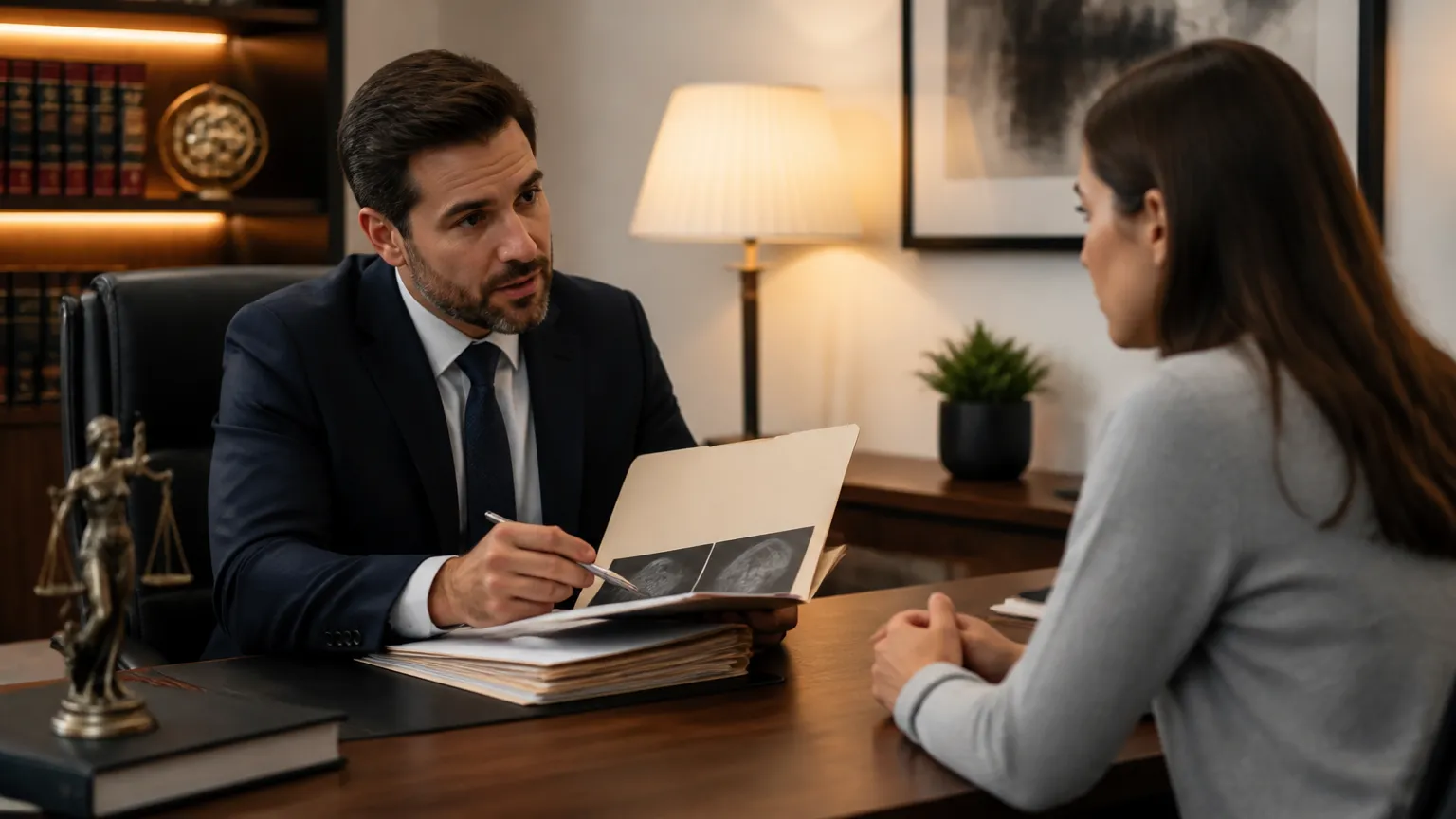 Advogado orientando cliente sobre liminar contra plano de saúde em Carapicuíba no escritório.