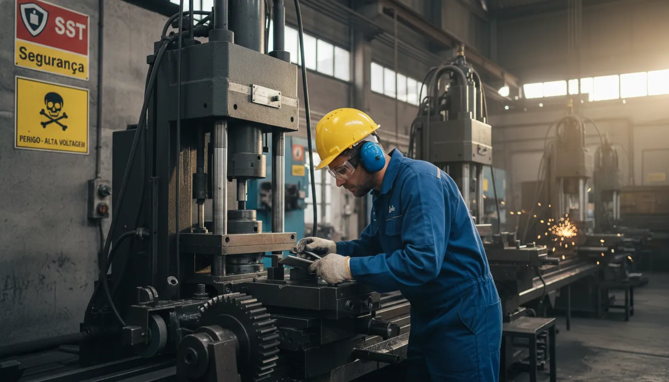 Trabalhador inspecionando máquinas em uma fábrica, demonstrando a aplicação de medidas de segurança no trabalho para prevenir acidentes.