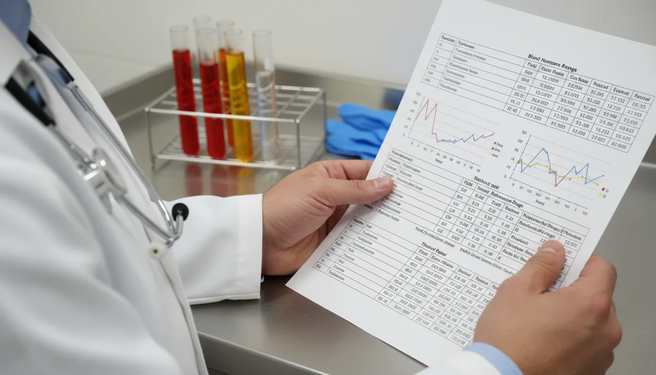 Mãos de médico analisando exames de sangue, representando o diagnóstico clínico da andropausa.