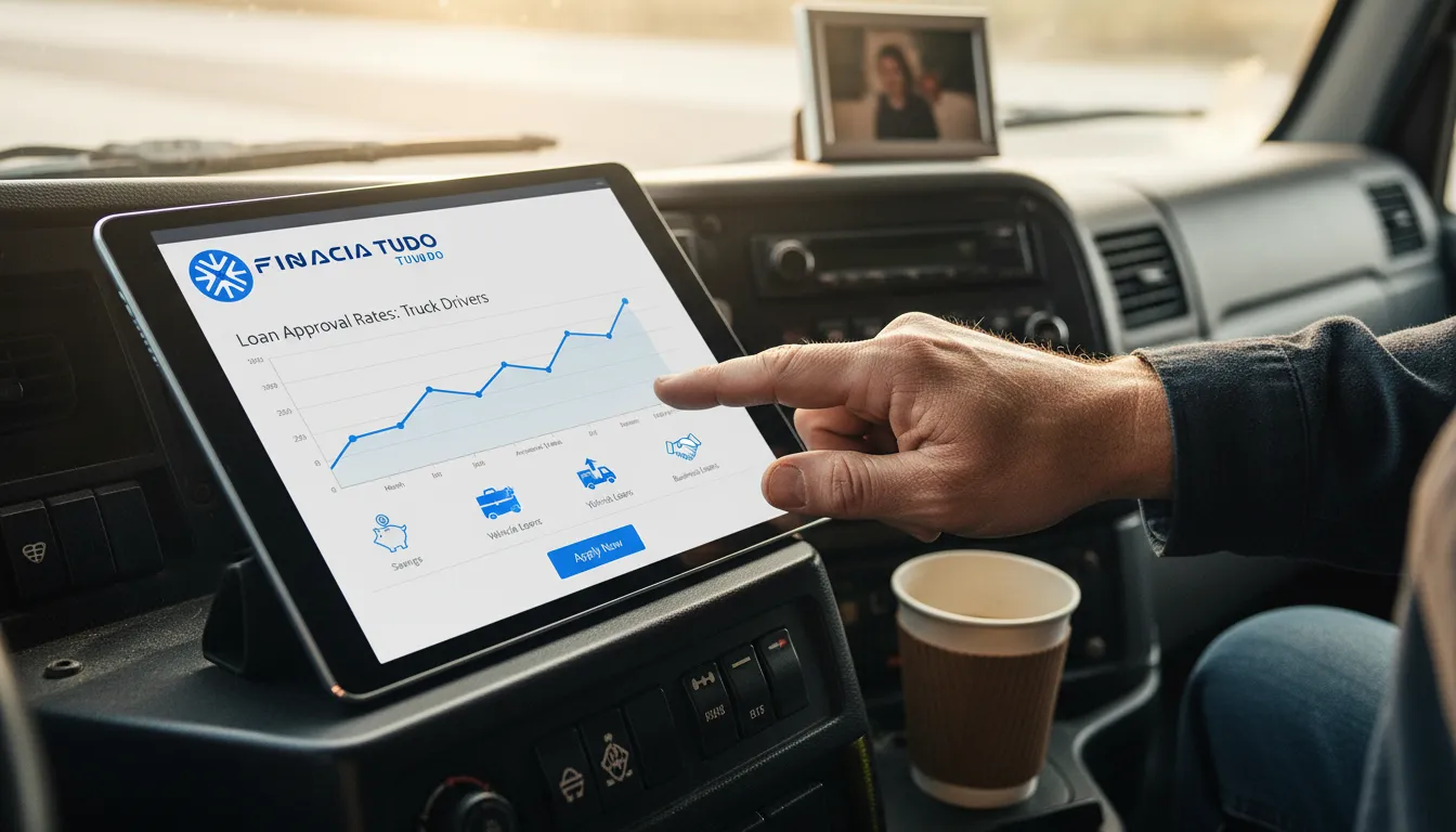 Tablet mostrando aprovação de crédito para caminhoneiro na plataforma Financia Tudo, facilitando o acesso a soluções financeiras.