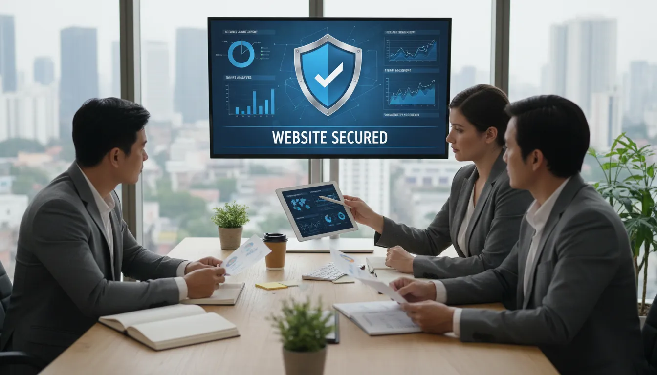 Site Seguro em 2026: SSL, Backups e Proteção Contra Ataques 3 Equipe de negócios em reunião com consultor digital analisando auditoria e relatórios de segurança com ícone de escudo.