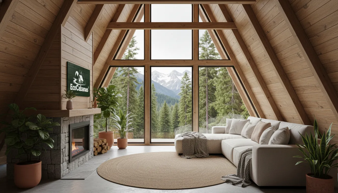 Interior aconchegante de uma casa a-frame, com janelas triangulares e vista para floresta e montanhas.