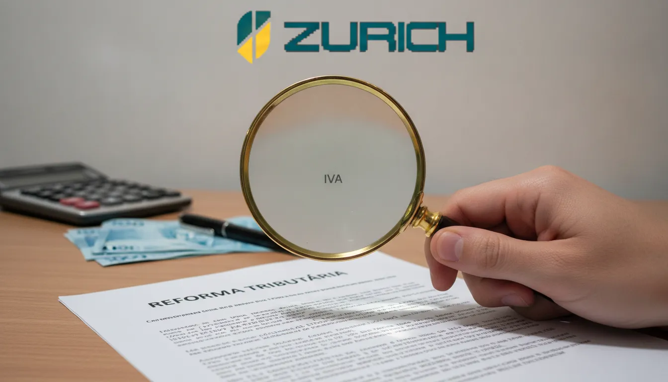 Mão com lupa analisa documento 'Reforma Tributária' e detalhes do IVA Brasil, simbolizando complexidade fiscal.