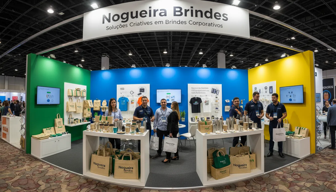 Visão panorâmica de um estande da Nogueira Brindes em uma feira, mostrando uma variedade de brindes criativos e interações com clientes.