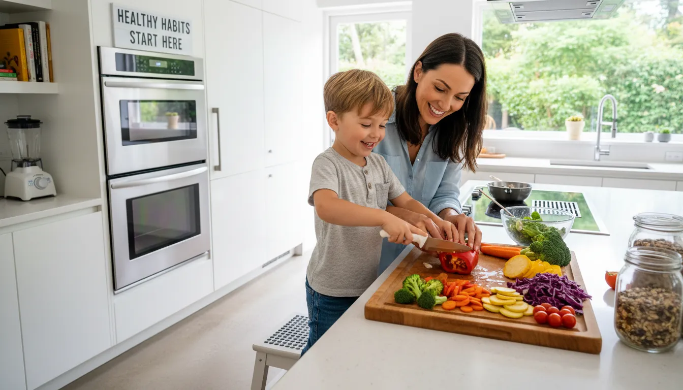 Criança ajudando a preparar alimentos saudáveis com o responsável na cozinha