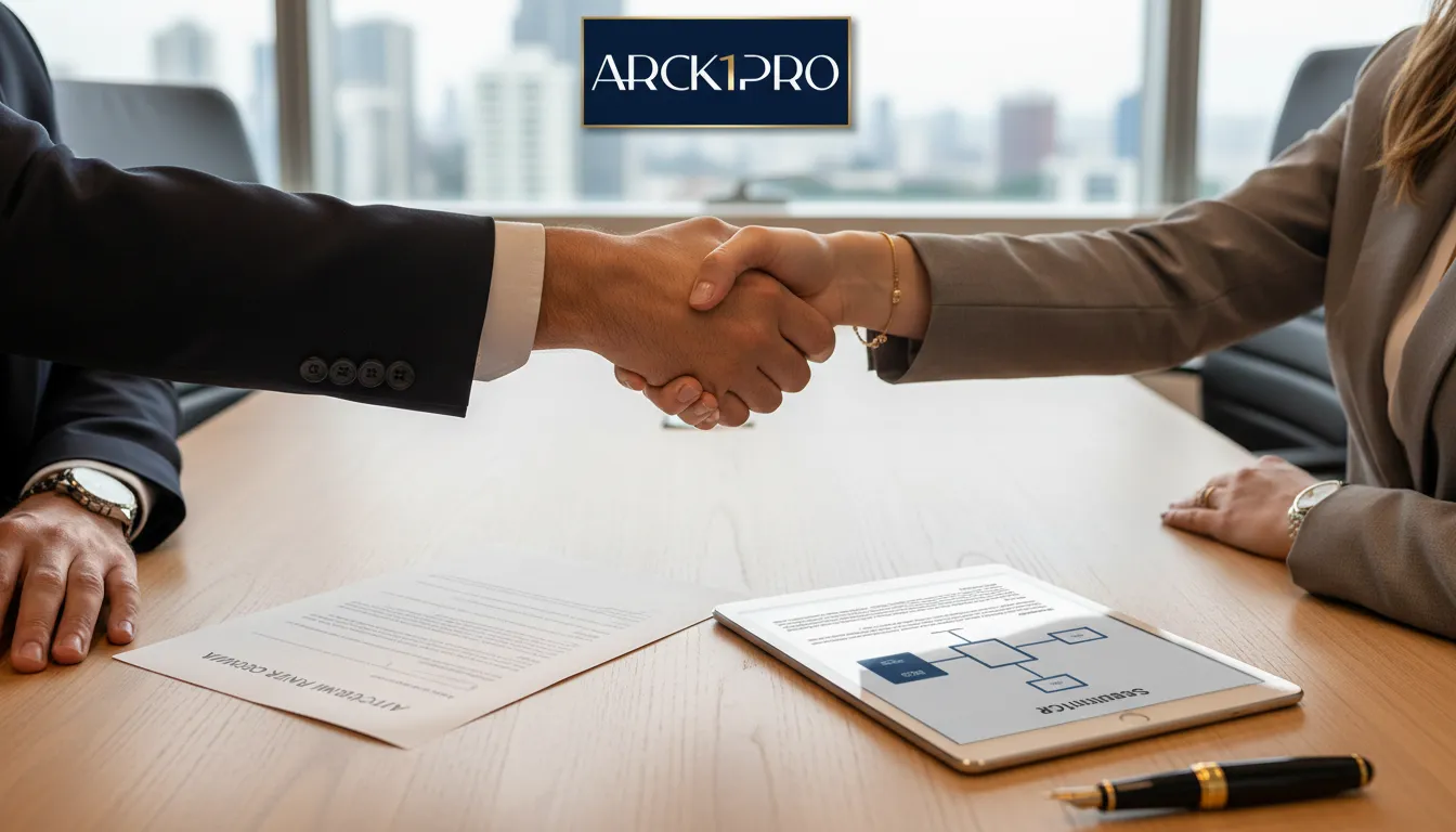 Investidor e estruturador selando acordo de incorporação imobiliária via ARI, contrato sobre mesa.