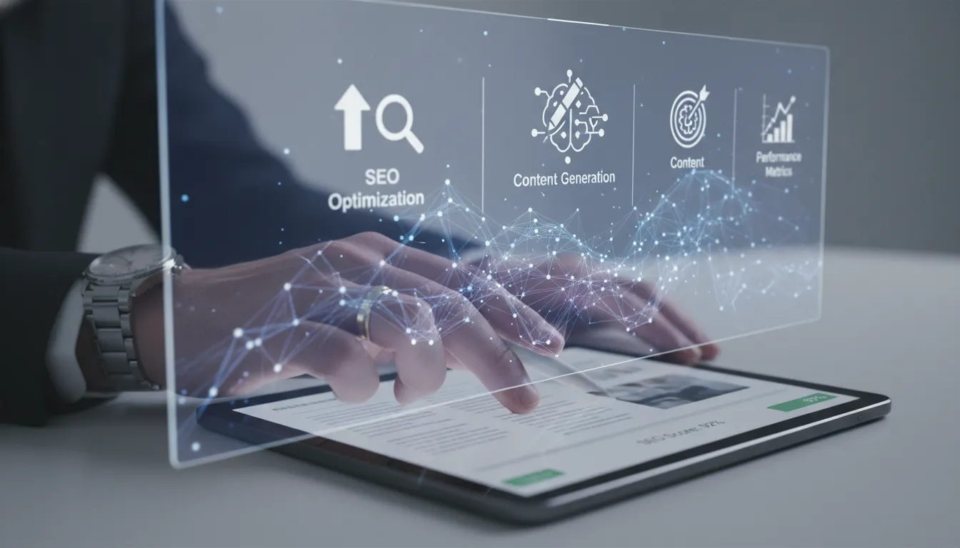 Interface de IA para marketing digital B2B, otimizando conteúdo e estratégias de SEO com alta performance.