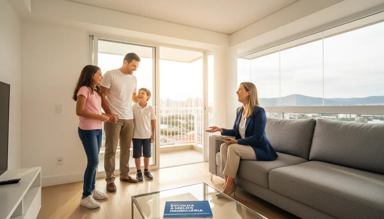 Família feliz visitando apartamento moderno em Londrina.
