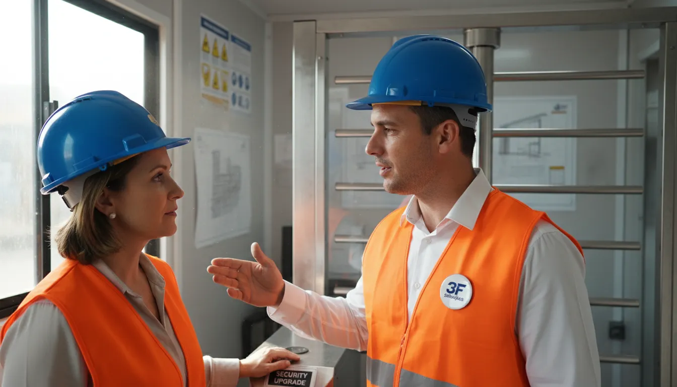 Profissional da 3F Soluções apresentando benefícios da locação de catraca a cliente em um canteiro de obras.