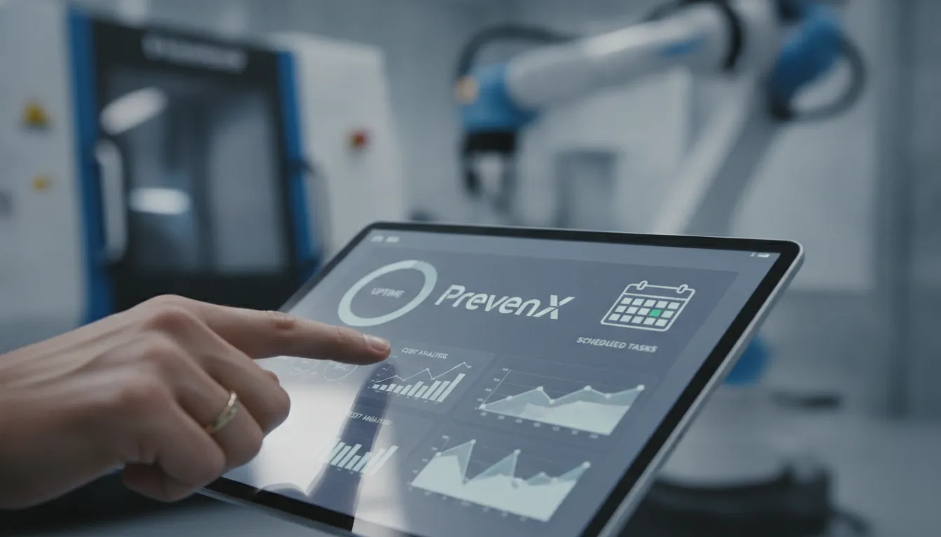 Mão interage com tablet PrevenX exibindo dashboard de PCM, monitorando KPIs de manutenção de equipamentos.