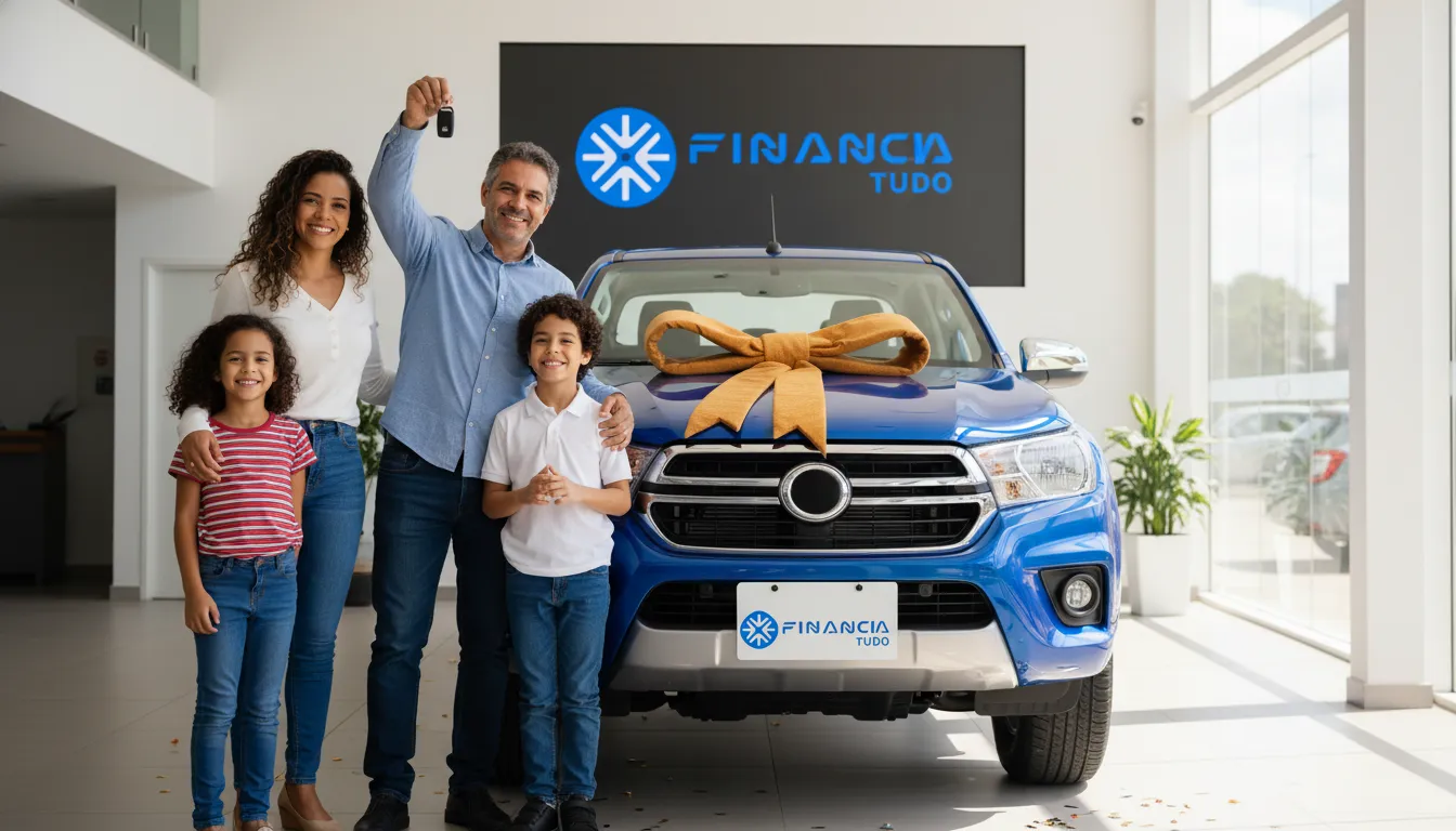 Família comemora a compra de um caminhão novo, graças ao valor liberado caminhão garantia crédito da Financia Tudo.