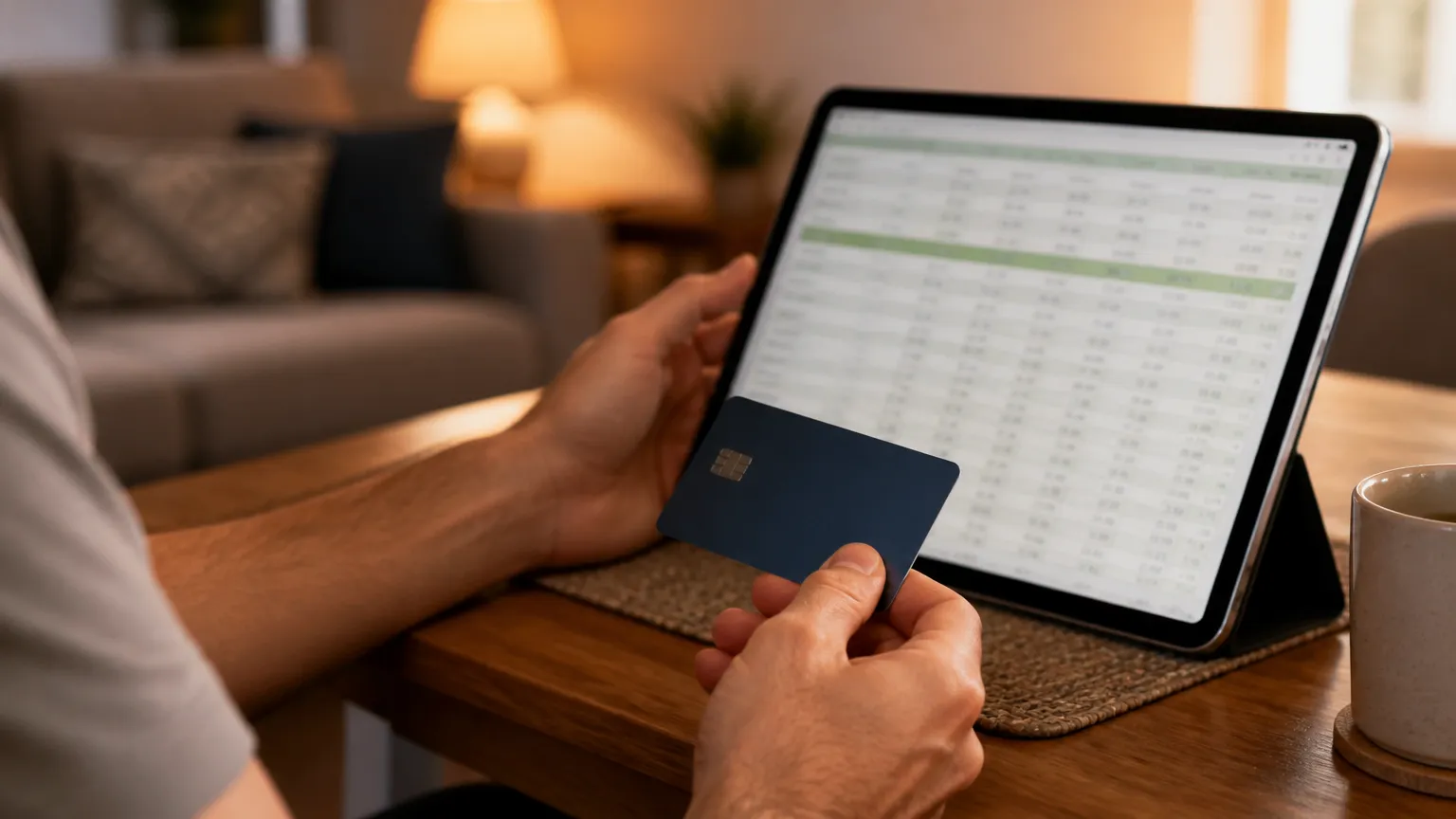 Consulta de planejamento de despesa urgente com cartão em tela de tablet digital.