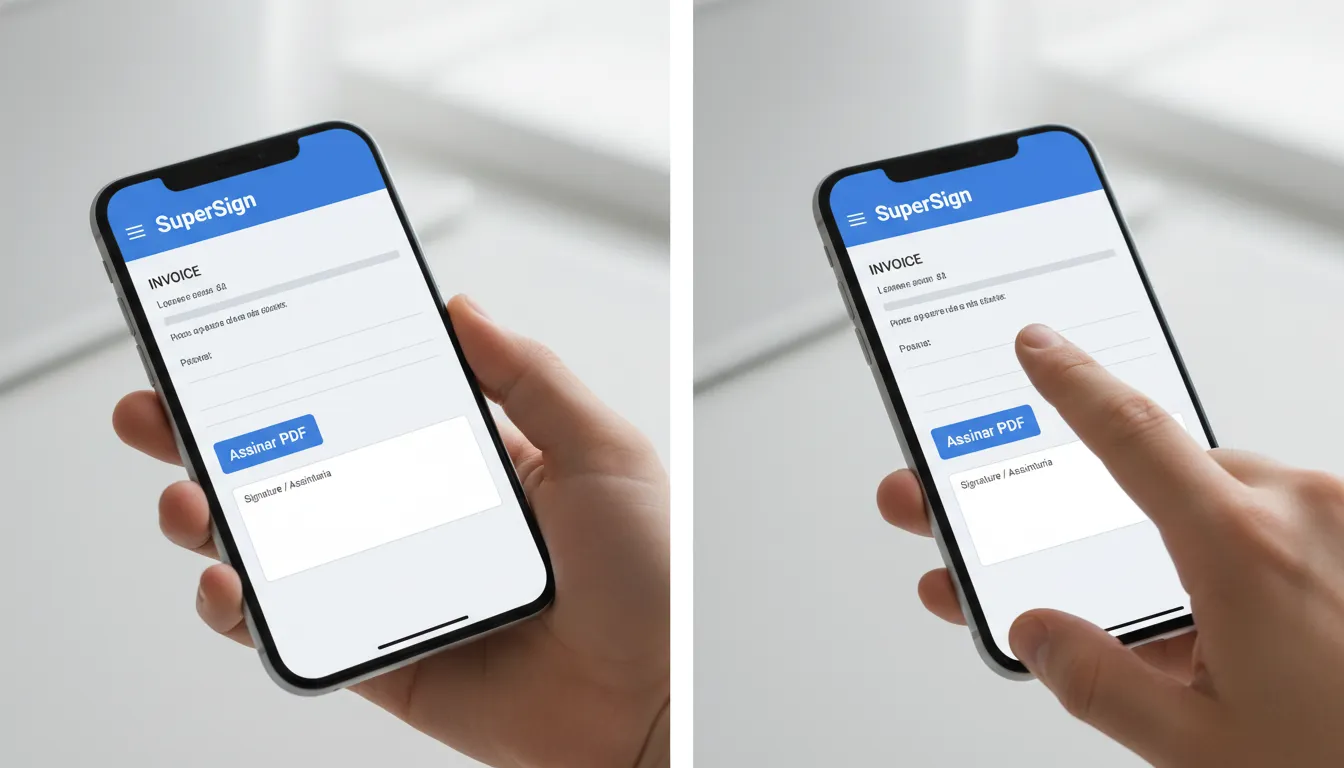Visão dividida mostrando o passo a passo de como assinar PDF no celular usando a plataforma SuperSign, com foco na interface intuitiva e na facilidade do processo.