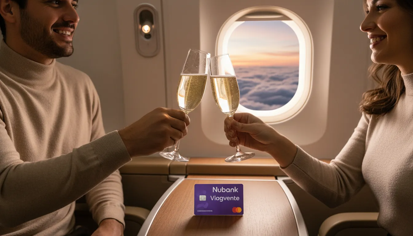 Um casal brindando em um voo de primeira classe, com o cartão nubank ultravioleta em destaque na mesa, simbolizando a experiência de viagem premium proporcionada.