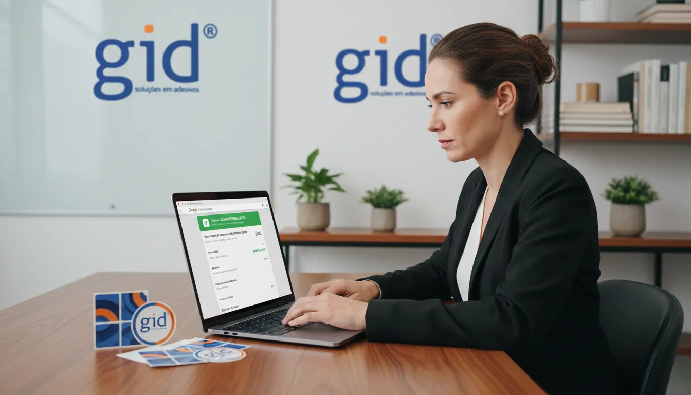 Empresário ativando um cupom Google Ads em seu painel para promover adesivos personalizados GID.