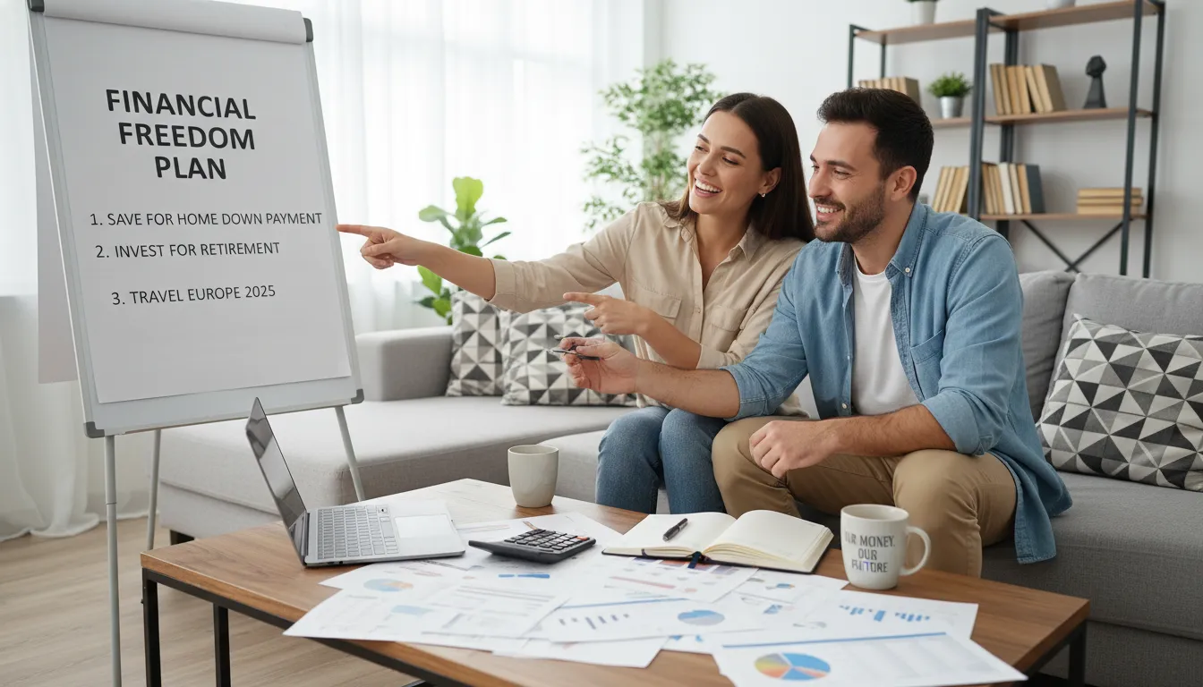 Casal planeja metas financeiras juntos, expressando satisfação ao organizar a vida financeira em casa.