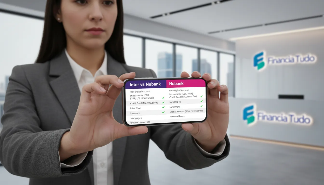 Pessoa segurando um smartphone com um comparativo detalhado dos recursos do banco inter ou nubank, com o logo da Financia Tudo em um escritório moderno.
