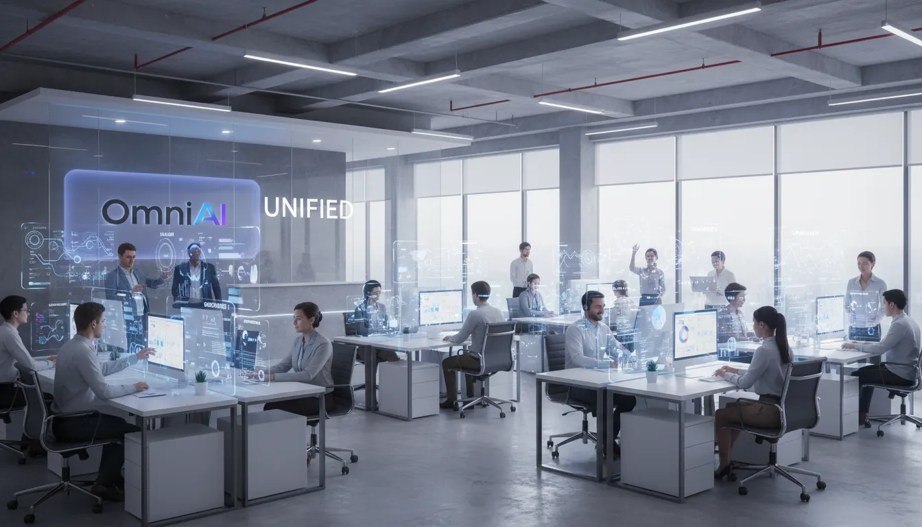Dynamic office scene showcasing OmniAI's 10 specialized AI agents working in harmony, delivering a limitless service new operating efficiency.