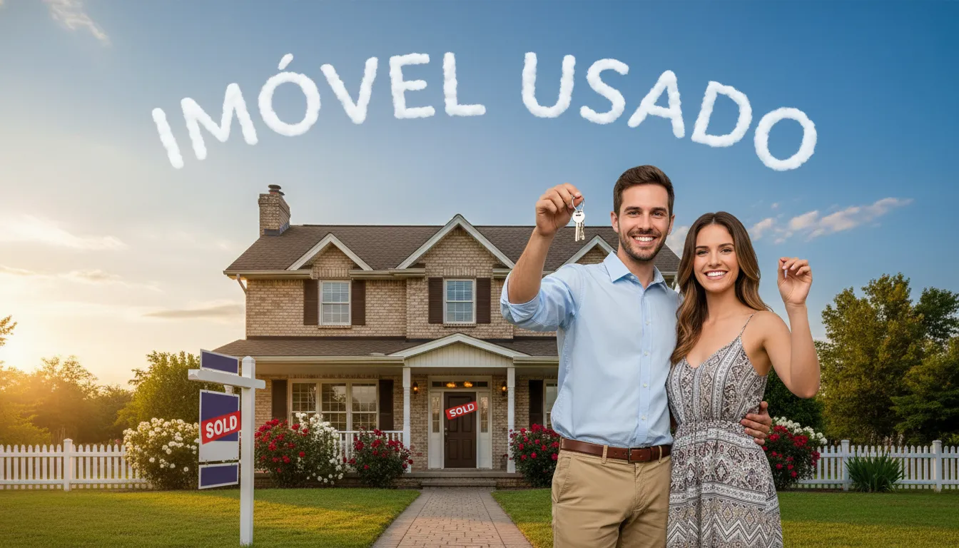 Casal sorrindo em frente a uma casa charmosa, com a Financia Tudo ao fundo, simbolizando a realização do sonho da casa própria com financiamento de imóvel usado.
