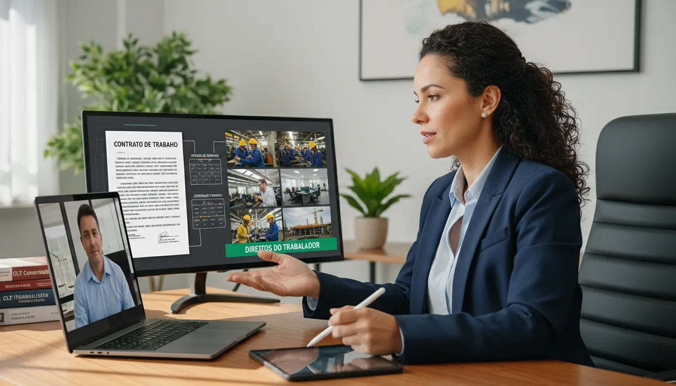 Advogado prestando consultoria digital a trabalhador demitido, com documentos jurídicos na tela