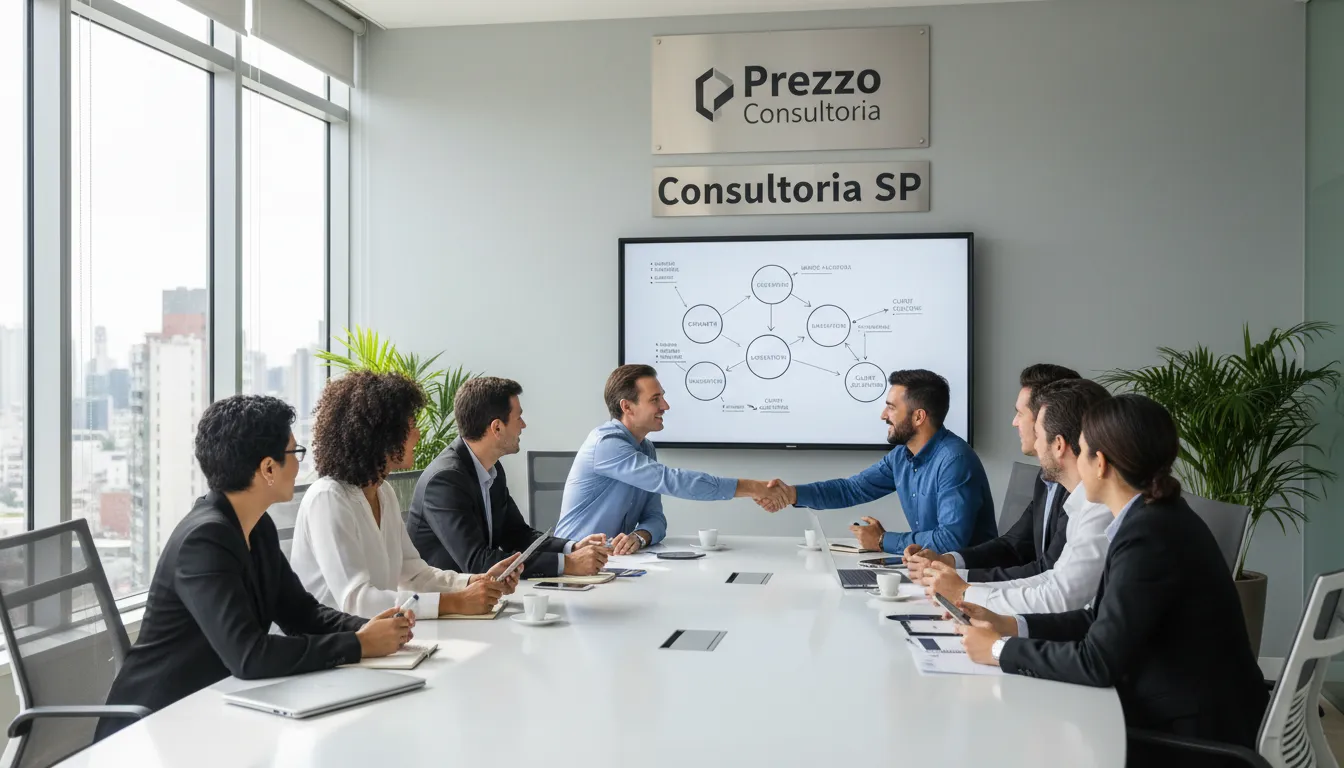 Equipe de consultores colaborando em São Paulo, representando os serviços de consultoria da Prezzo Contábil para auxiliar empreendedores a abrir empresa em São Paulo e prosperar.