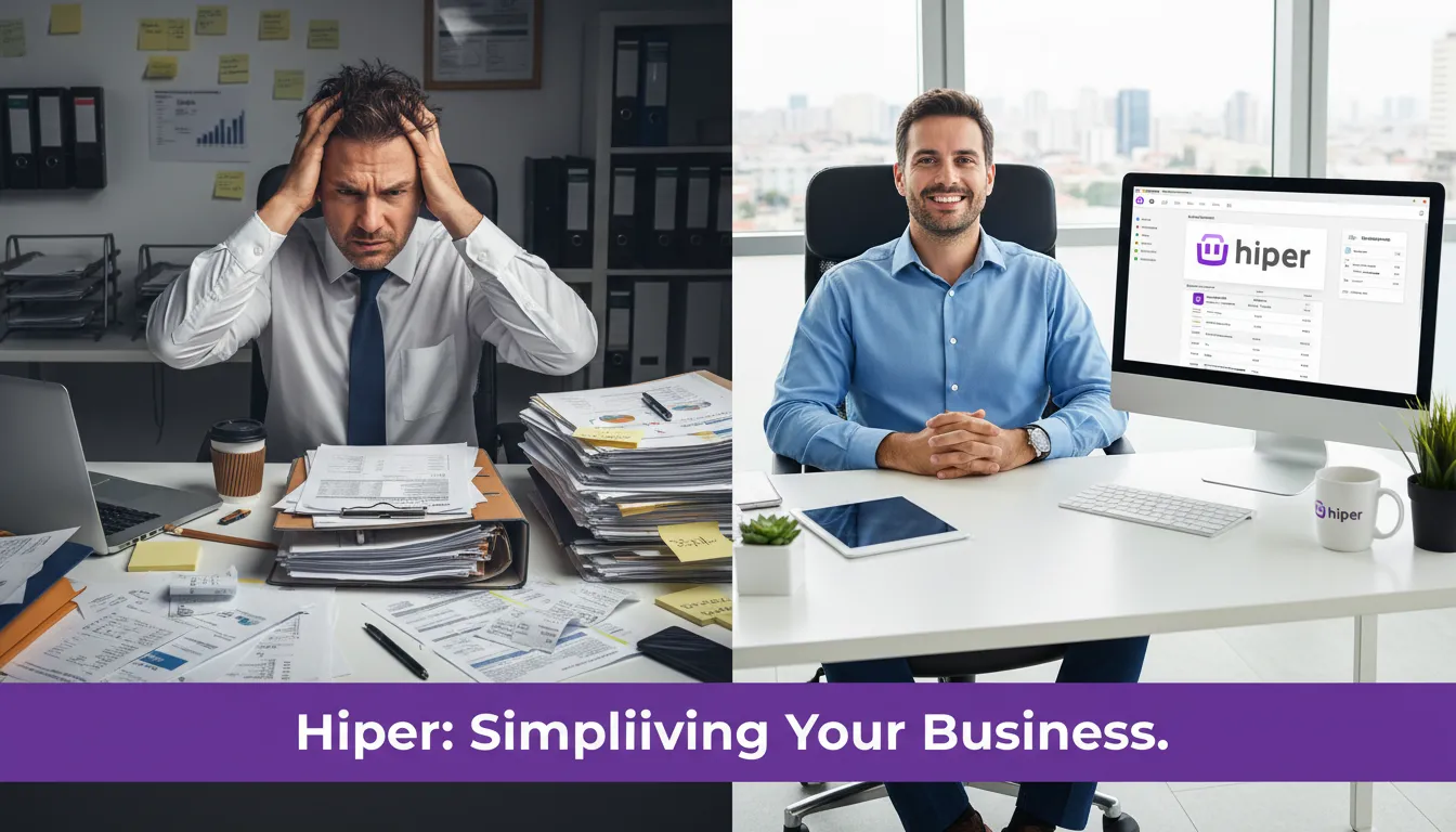 Comparativo de antes e depois do Hiper com foco na facilidade de emitir nota fiscal de serviço como emitir, simplificando a gestão.