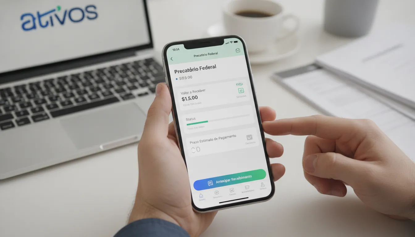 Tela de celular mostra plataforma digital com status e prazo pagamento precatório federal, oferecendo liquidez.