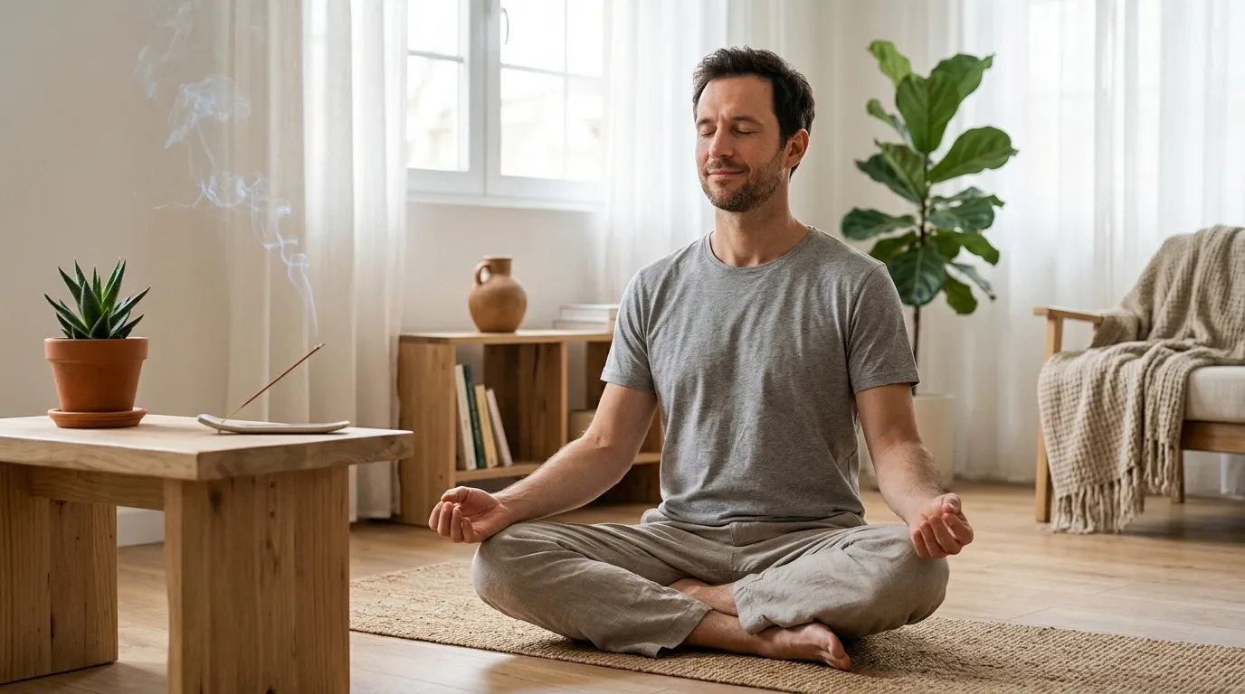 Homem meditando em casa para alcançar bem-estar integral e equilíbrio mental e emocional.