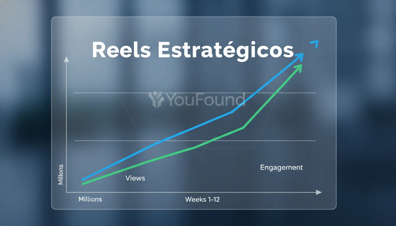 Gráfico mostrando o aumento de visualizações e engajamento no reels instagram, com o logo da YouFound ao fundo, representando crescimento estratégico.