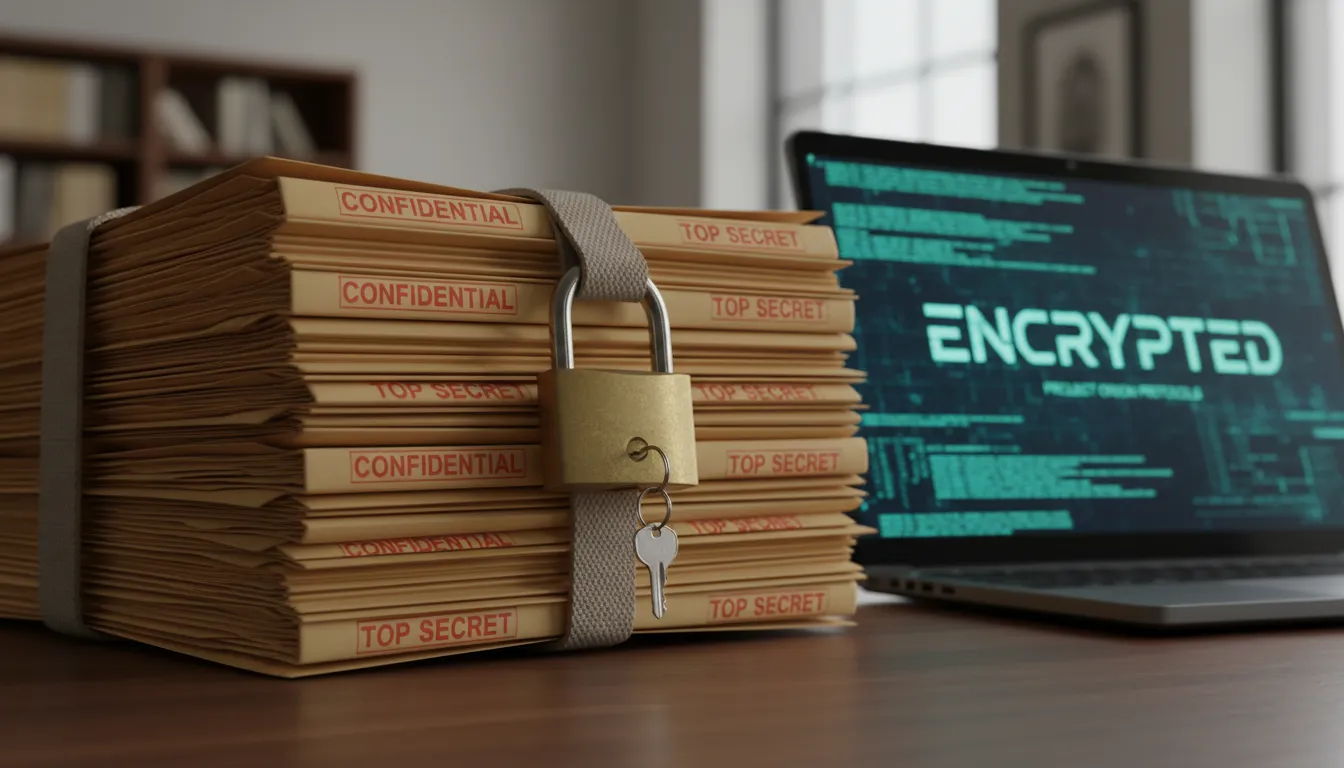 Documentos confidenciais protegidos com cadeado ao lado de monitor exibindo arquivo digital criptografado.