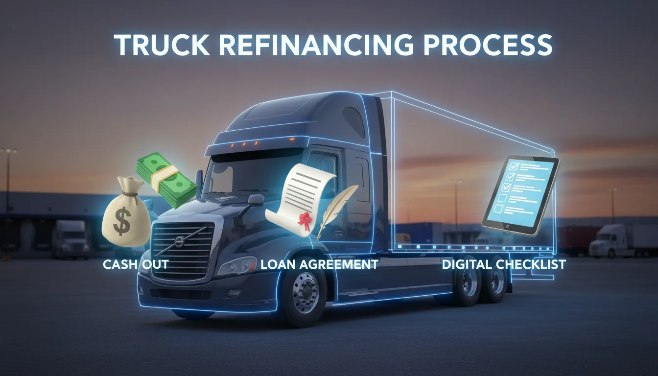 Caminhão com ícones representando dinheiro, contratos e checklist, conceituando o processo de refinanciamento.