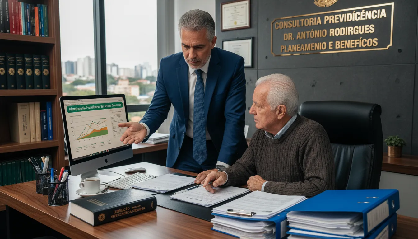 Advogado explica detalhes do processo previdenciário a um cliente em escritório com clima acolhedor.