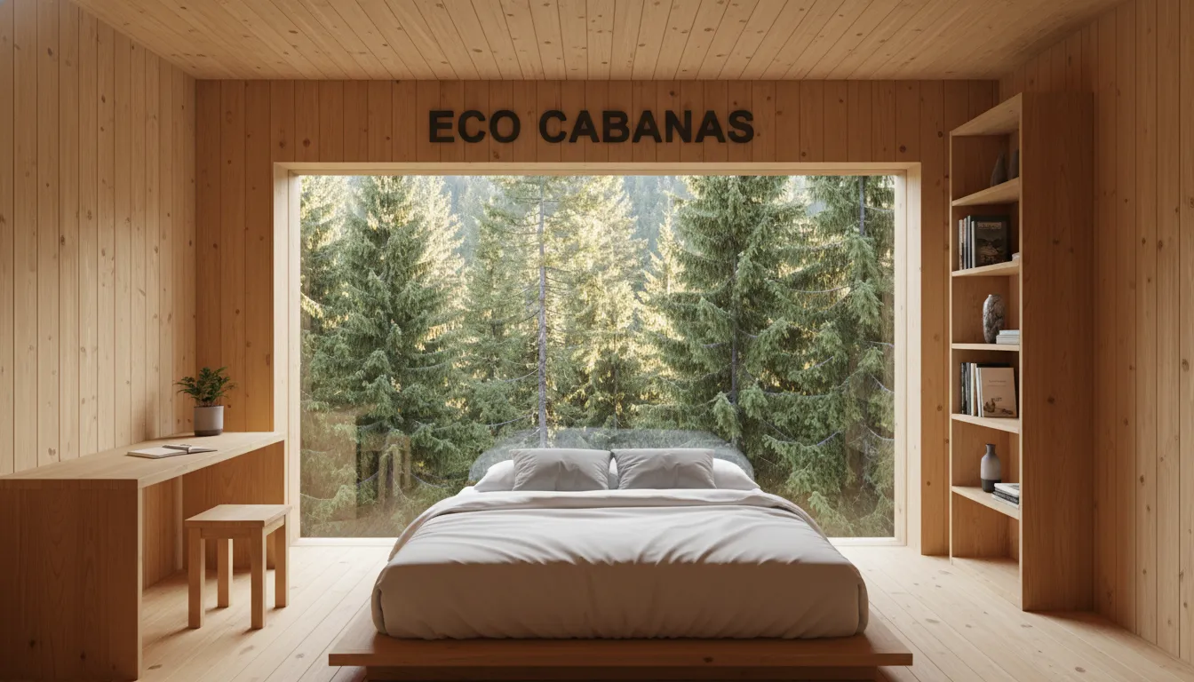 Interior aconchegante de uma edícula, com destaque para a vista panorâmica da natureza e o design minimalista.