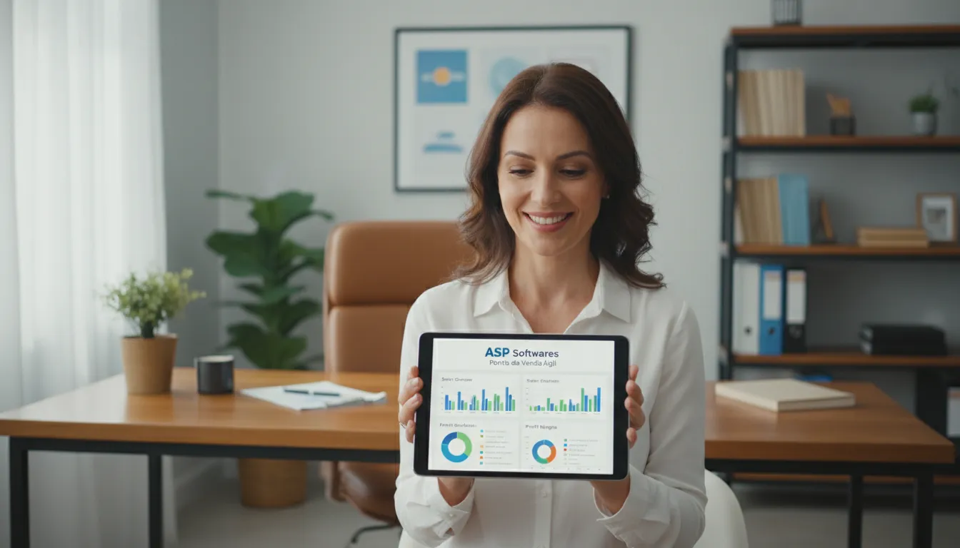 Um empreendedor sorrindo ao analisar os relatórios financeiros no ponto de venda, com o sistema da ASP Softwares.