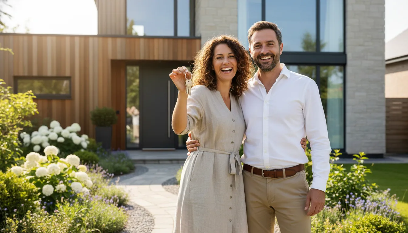 Família autônoma feliz em frente à sua nova casa, simbolizando a realização do sonho do financiamento imobiliário.