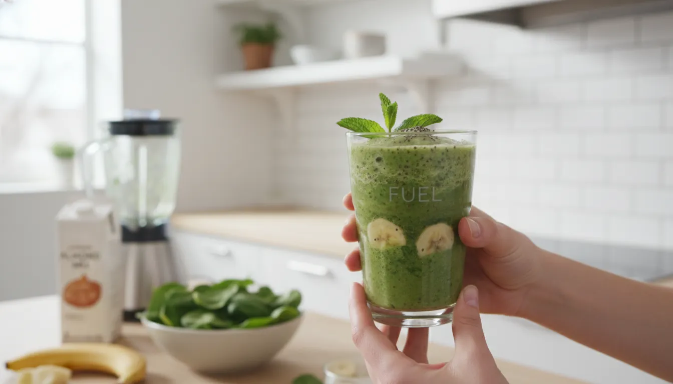 Una persona sosteniendo un batido verde, ideal para un desayuno rápido y nutritivo dentro de una alimentación saludable para principiantes.