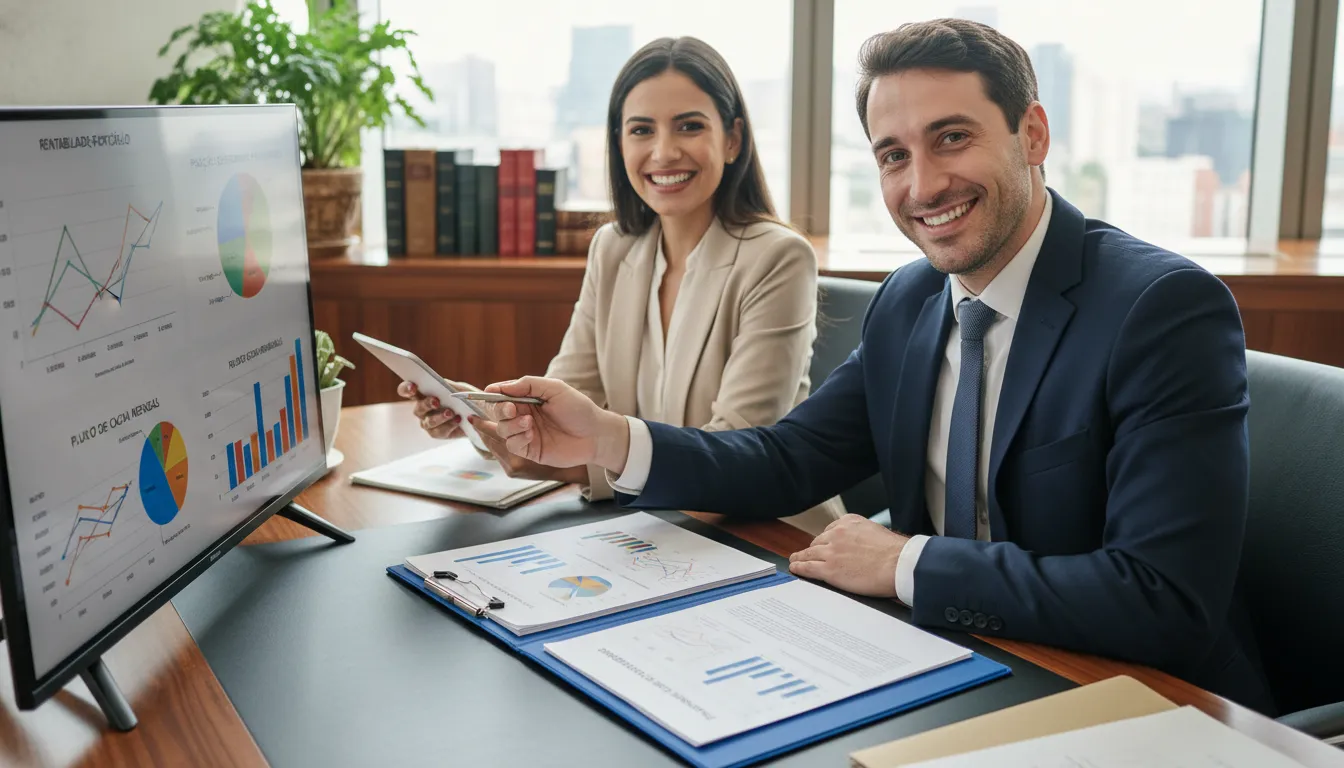 Consultor financeiro e cliente analisam evolução do score de crédito em ambiente profissional