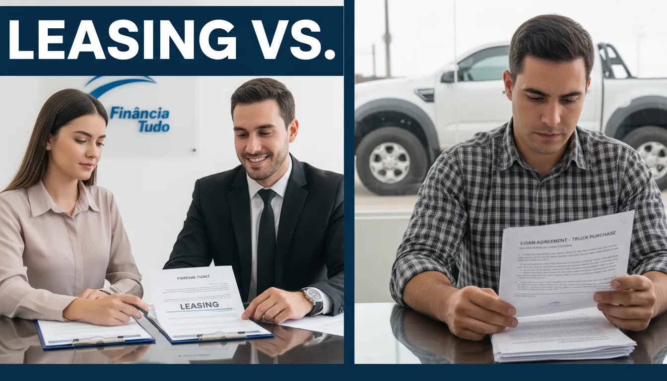Tela dividida mostrando leasing de caminhões à esquerda e financiamento à direita, com o logo da Financia Tudo ao fundo. Compare as opções de crédito.