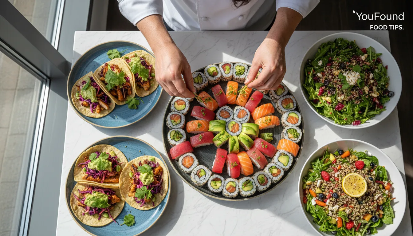 Visão superior de uma mesa com sushi, tacos e saladas, com dicas para foto de comida. A marca YouFound está discretamente visível.