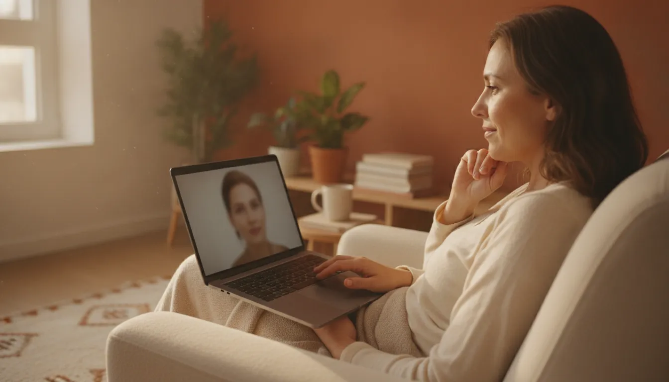 Pessoa em sessão de terapia online, buscando bem-estar e lidando com o tédio. Suporte profissional.