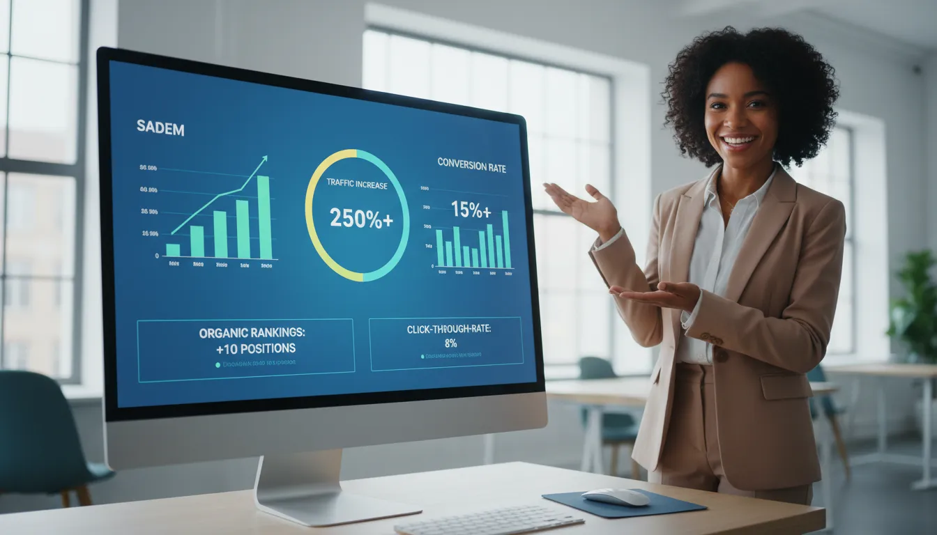 Dashboard digital exibindo gráficos de sucesso e crescimento de tráfego, resultado de estratégias de seo.